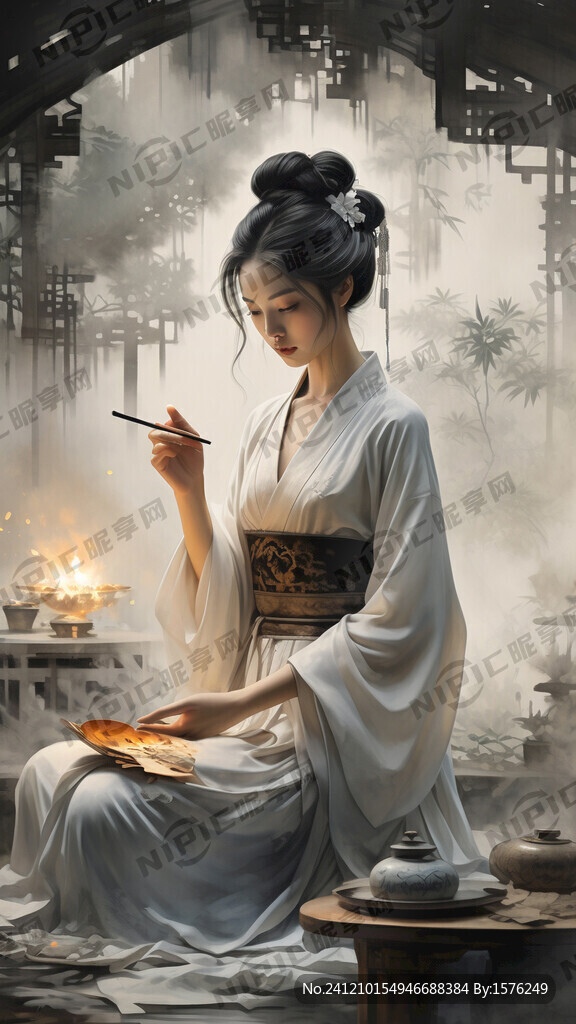 古装美女在中式院落环境优雅手拿