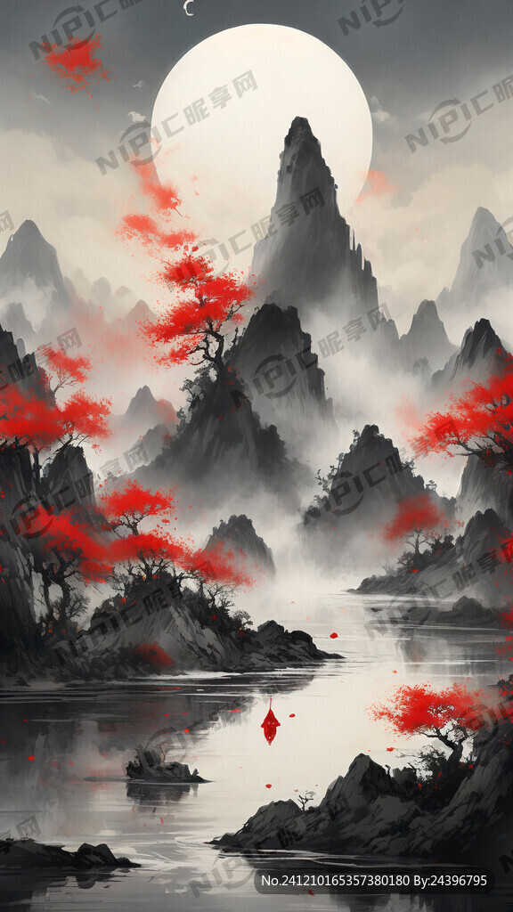 国风  黑红金配色 山水 