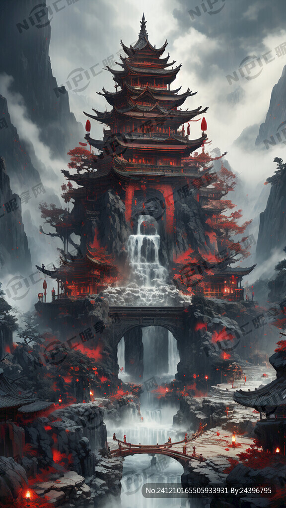 国风  黑红金配色 山水  