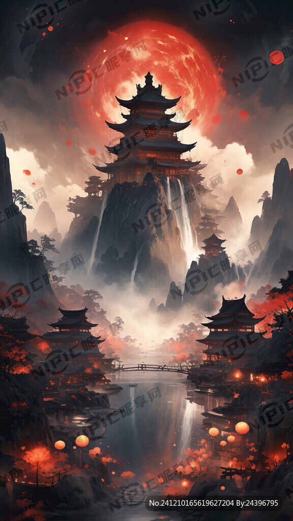 国风  黑红金配色 山水  