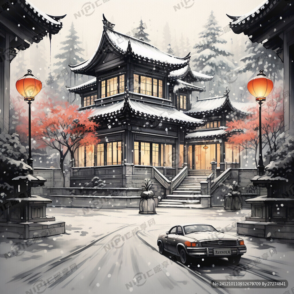 别墅 院落 灯笼 下雪 汽车
