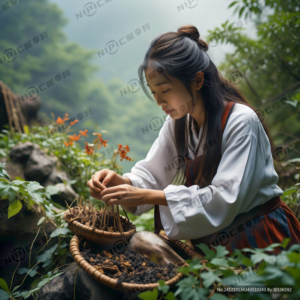 黎族的草药在山里面一个黎族妇女