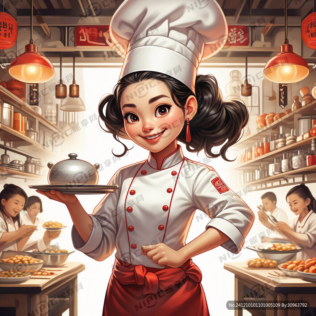 厨师女吉祥物 拿着盘子 点赞