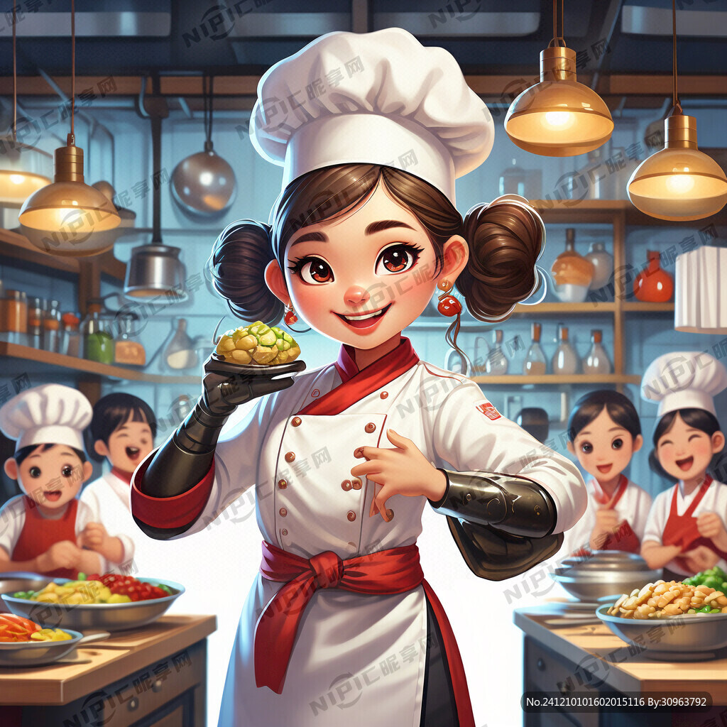 女生 厨师吉祥物 拿着盘子
