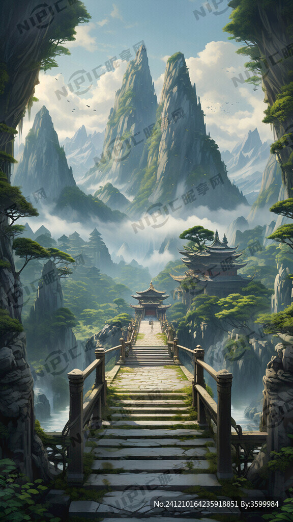 绿色森林 脚下小亭子