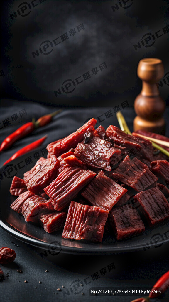 黑色背景 一盘风干牛肉干