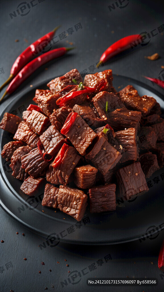 黑色背景 一盘麻辣风干牛肉干
