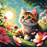 简笔画 猫咪 可爱 梦幻场景 简笔插画 花丛 春季 阳光 绿叶