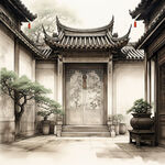 江南大院大堂，推开院门见吉祥雕刻，传统图案，水墨画风格，安静和谐，斜坡顶，木结构，高墙，宽窗，侧光，精致。