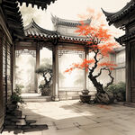 江南大堂庭院，木结构雕花，水墨画风格，宽窗侧光，精致安静，中景构图，暖色调，柔和光线，传统元素，和谐。