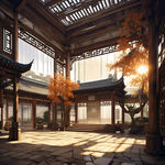江南大堂庭院，中景展现木构雕花，宽窗侧光下精致安静，暖色调柔和光，传统元素交织，和谐，中焦镜头，宁静。