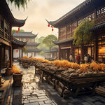 江南大堂庭院，中景木构雕花，屋顶砖雕斜坡，宽窗侧光下的古人忙着收获的稻谷，暖色调，传统元素，中焦镜头，柔和光，和谐。