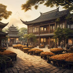 江南大堂庭院，中景木构雕花，屋顶砖雕斜坡，宽窗侧光下的古人忙着收获的稻谷，暖色调，传统元素，中焦镜头，柔和光，和谐。