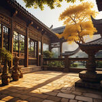 江南大堂庭院，中景木构雕花，屋顶砖雕斜坡，宽窗侧光下精致宁静，堆着金灿籼的水稻，暖色调，传统元素，中焦镜头，柔和光，和谐。