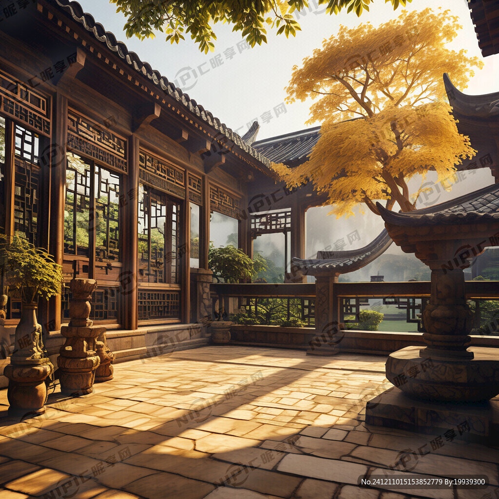 江南大堂庭院 中景木构雕花
