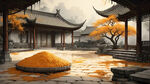 江南风格大堂庭院，堆着金灿籼的水稻，中景木构雕花，屋顶砖雕斜坡，宽窗侧光下精致宁静，暖色调，传统元素，中焦镜头，柔和光，和谐。