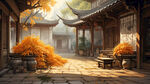 江南风格大堂庭院，堆着金灿籼的水稻，中景木构雕花，屋顶砖雕斜坡，宽窗侧光下精致宁静，暖色调，传统元素，中焦镜头，柔和光，和谐。
