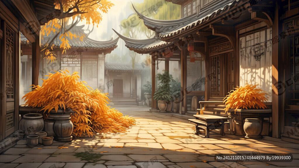 江南风格大堂庭院 中景木构雕花