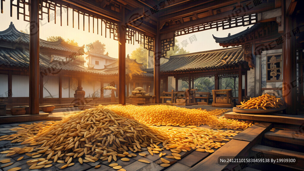 江南大堂庭院 堆着金灿籼的水稻