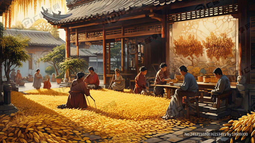 江南大堂庭院古人忙碌于金灿稻穗