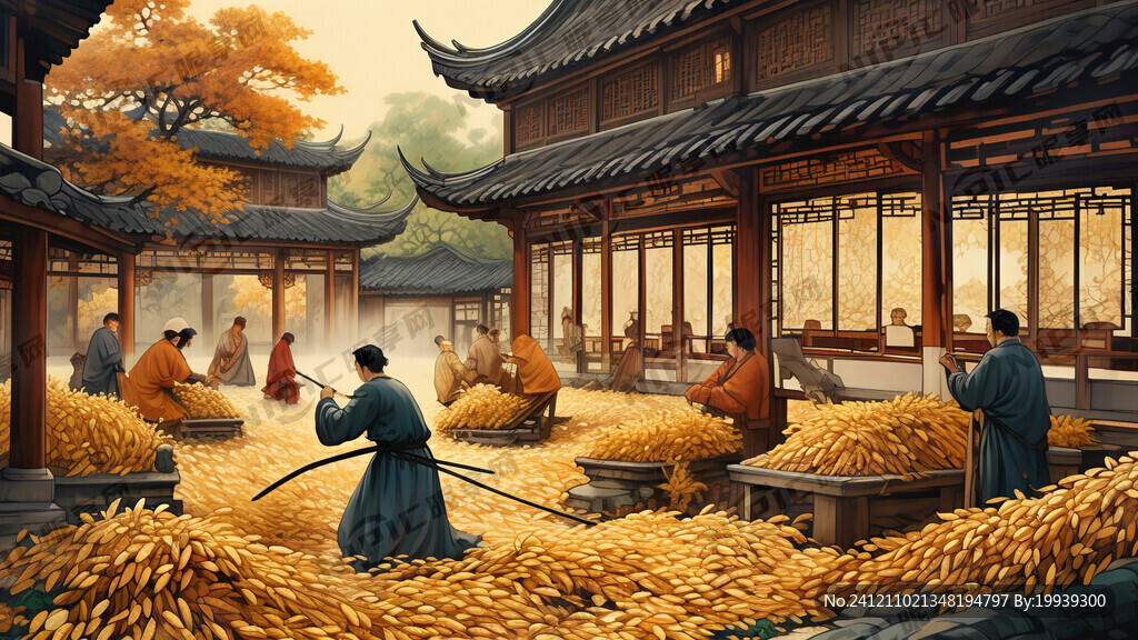 江南大堂庭院古人忙碌于金灿稻穗