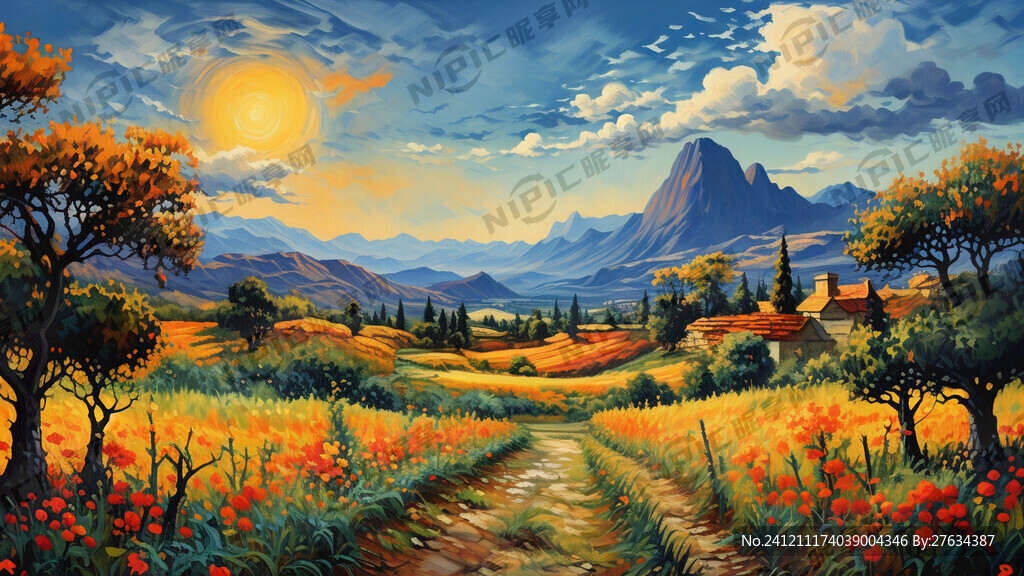 果园 远处有山 天空有云