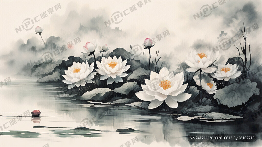 池塘睡莲 国画 水墨