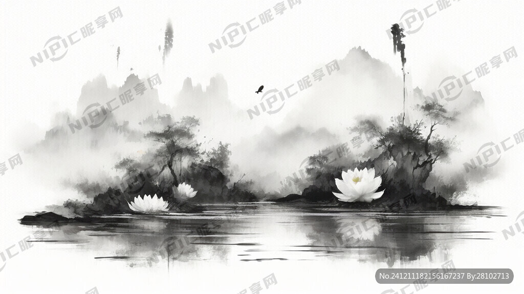 池塘睡莲 国画 水墨 泼墨