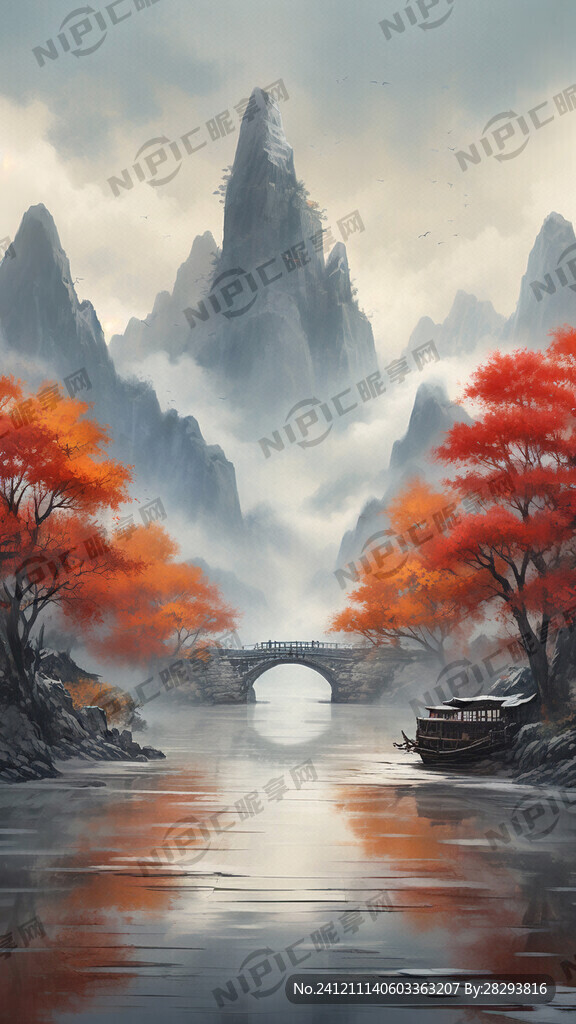 这是一幅秋天的景色 中国风绘画