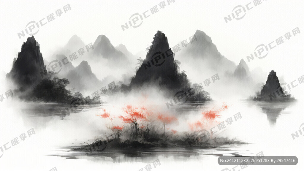 山水画 有水有山有草    