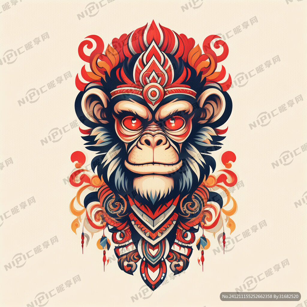 猴图腾 部落 图腾柱 插画