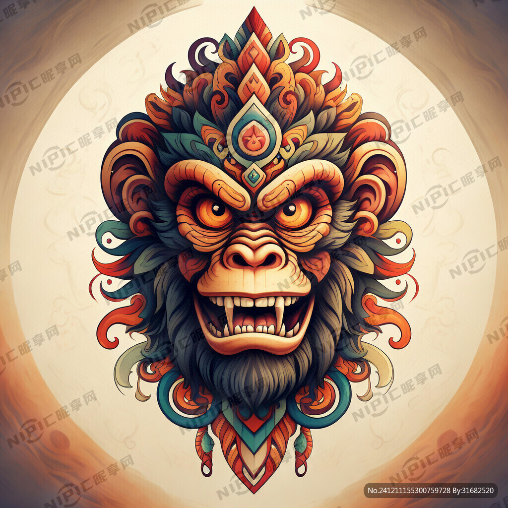 猴图腾 部落 图腾柱 插画