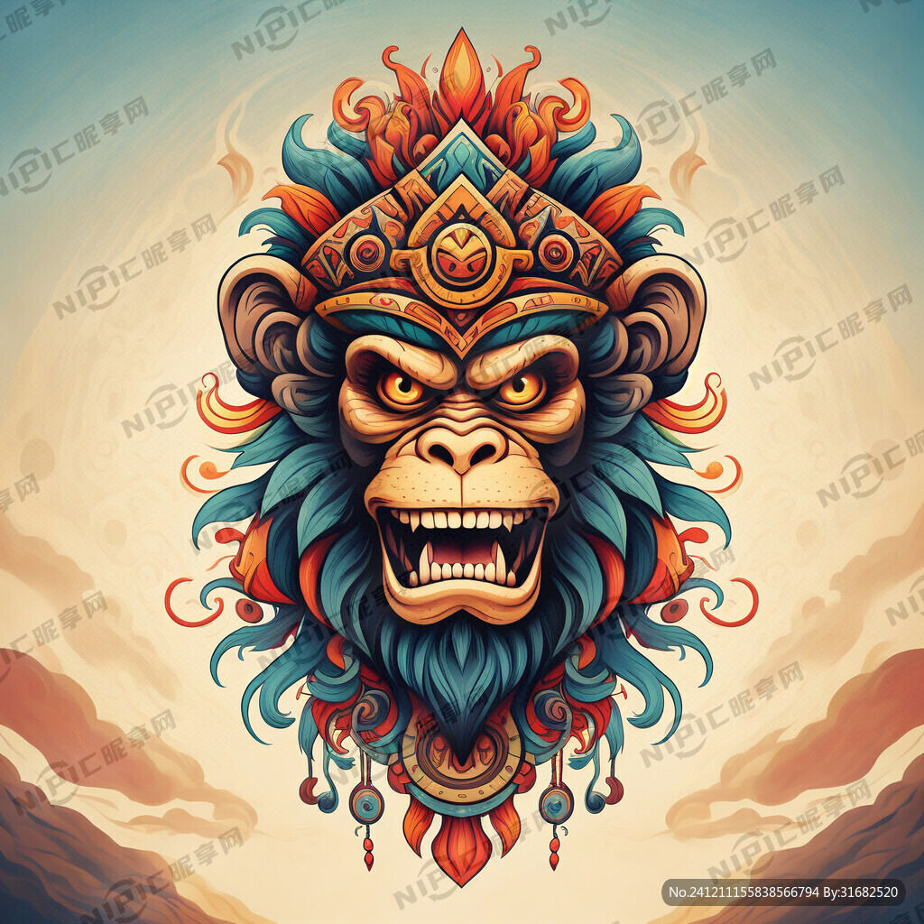 猴图腾 部落 图腾柱 插画