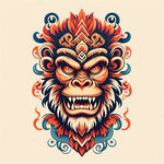 猴图腾，部落，图腾柱，插画，国潮风格，色彩鲜艳