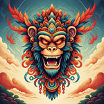 猴图腾，部落，图腾柱，插画，国潮风格，色彩鲜艳