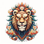 狮图腾，部落，图腾柱，插画，国潮风格，色彩鲜艳
