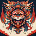 猫图腾，部落，图腾柱，插画，国潮风格，色彩鲜艳