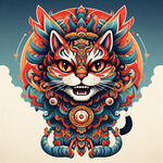 猫图腾，部落，图腾柱，插画，国潮风格，色彩鲜艳