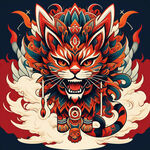 猫图腾，部落，图腾柱，插画，国潮风格，色彩鲜艳
