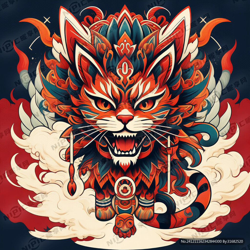 猫图腾 部落 图腾柱 插画