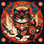 猫图腾，部落，图腾柱，插画，国潮风格，色彩鲜艳