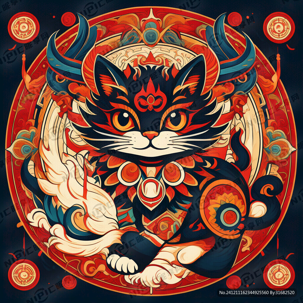 猫图腾 部落 图腾柱 插画
