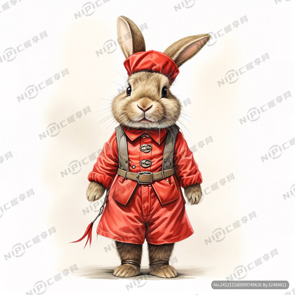 复古喜庆红衣服单独兔子全身绘画