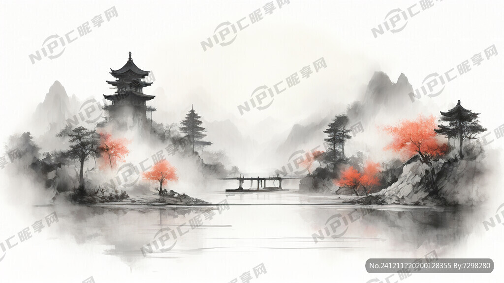 抽象 意境山 楼阁 线描 亭子