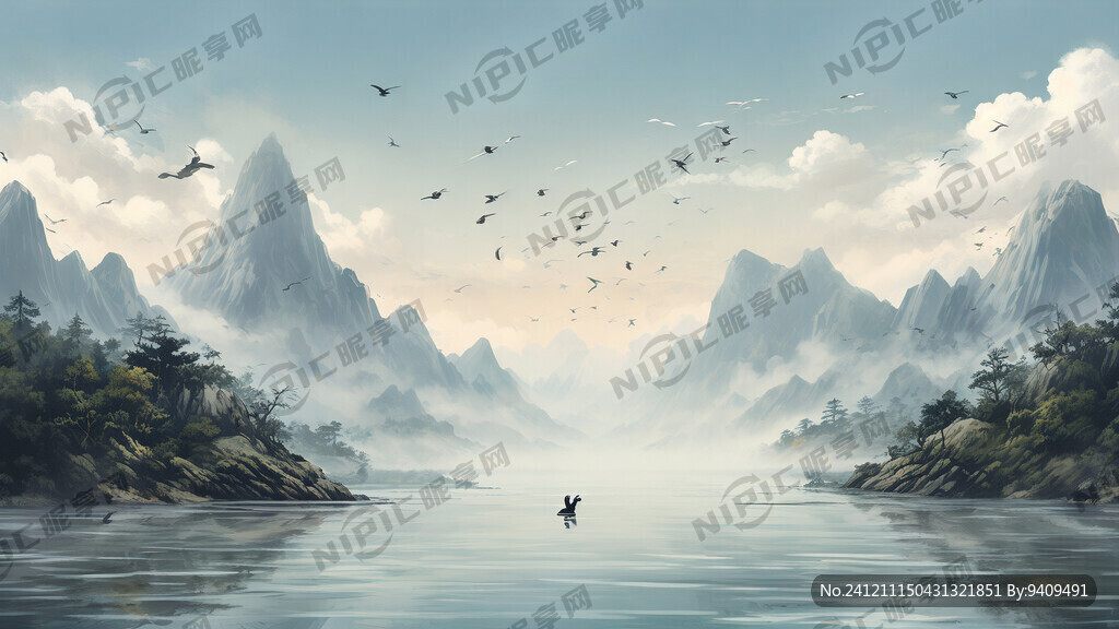 山水插画、大雁