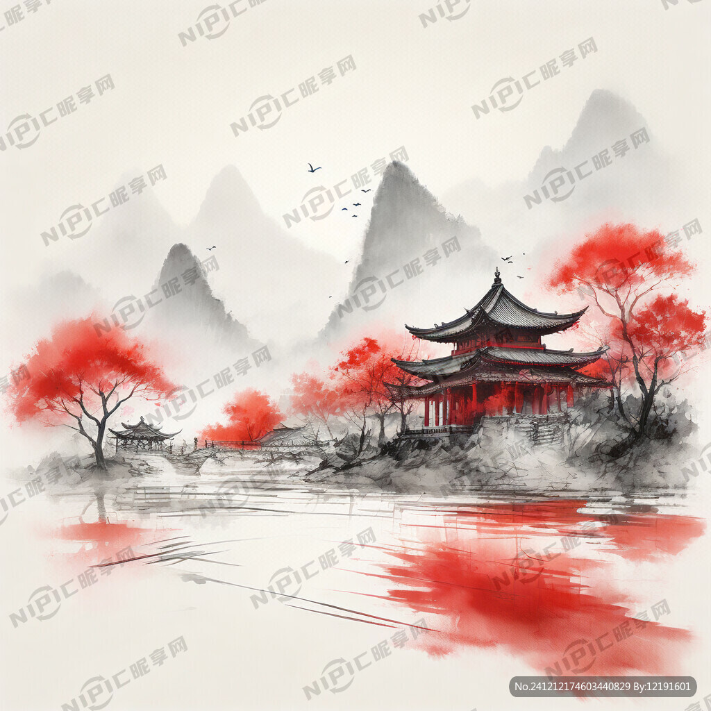 红白中式建筑  大面积留白