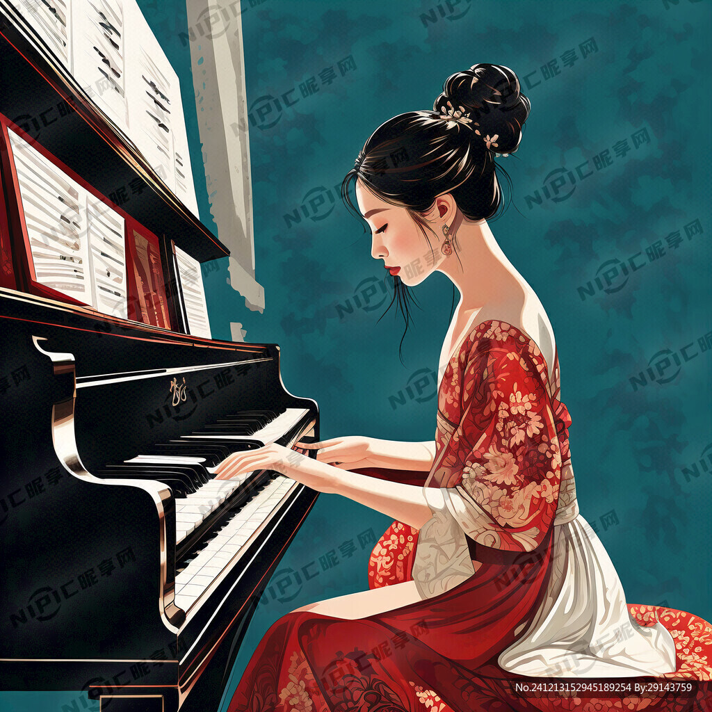 弹钢琴的美女 侧面 插画