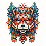 狗图腾，部落，图腾柱，插画，国潮风格，色彩鲜艳