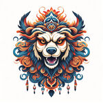 藏獒图腾，部落，图腾柱，插画，国潮风格，色彩鲜艳