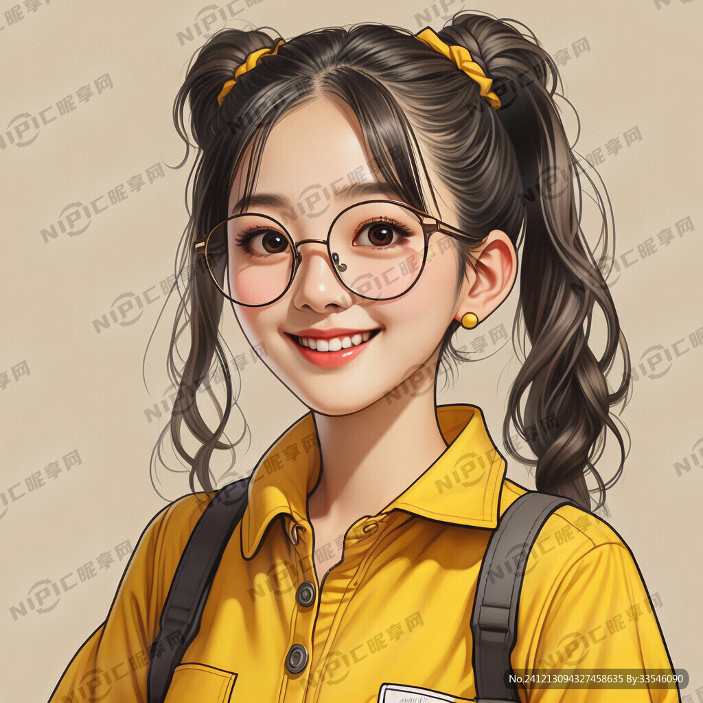 戴眼镜 扎马尾 有笑容的